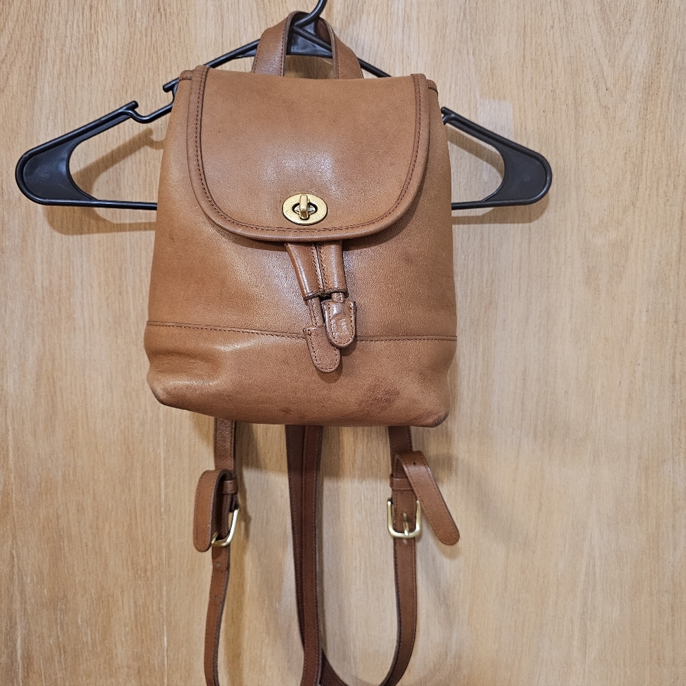 Vintage Coach English Tan Leather Backpack with Gold Accents